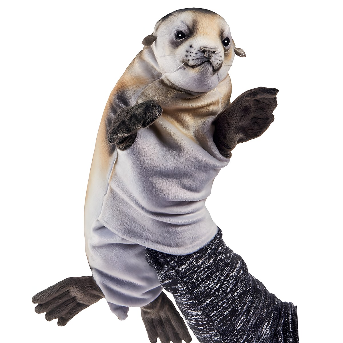 Monk seal hand puppet by Hansa Creation with a silver-grey body and dark flippers