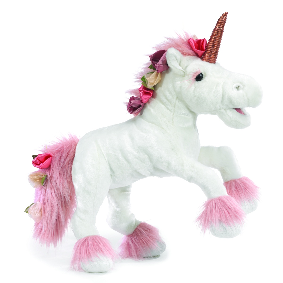 Folkmanis unicorn hand puppet in white with pink plush mane, silk flowers and bronze-coloured horn, side view