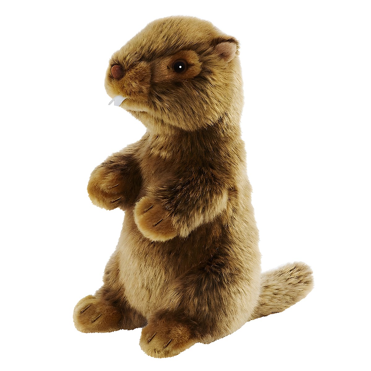 Marmot plush toy by Anima standing upright on its hind legs, with brown fur and visible incisors