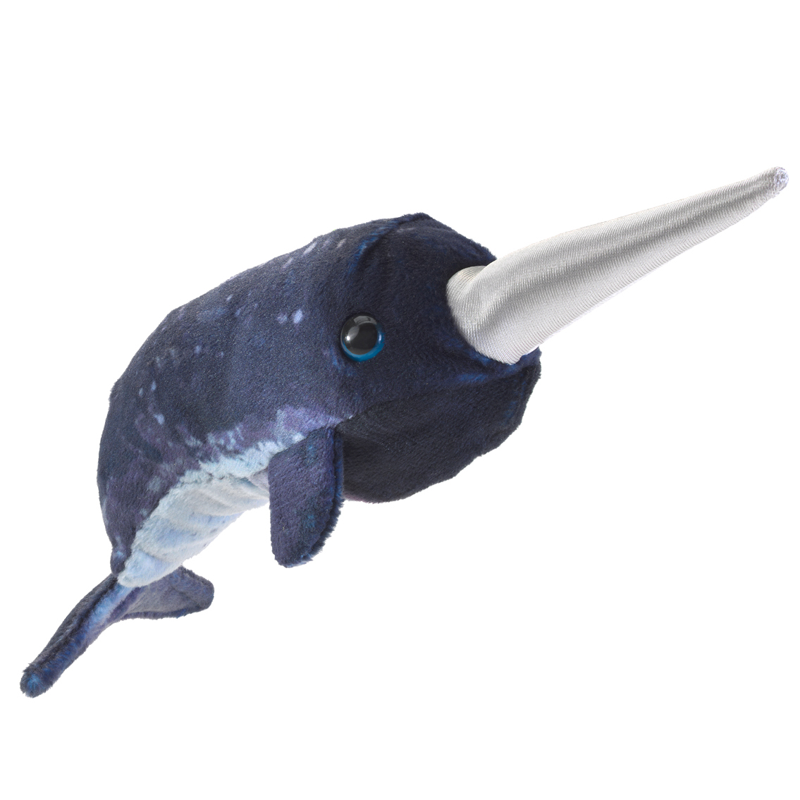 Folkmanis mini narwhal finger puppet in dark blue with a silver-grey horn and light blue spots, side view