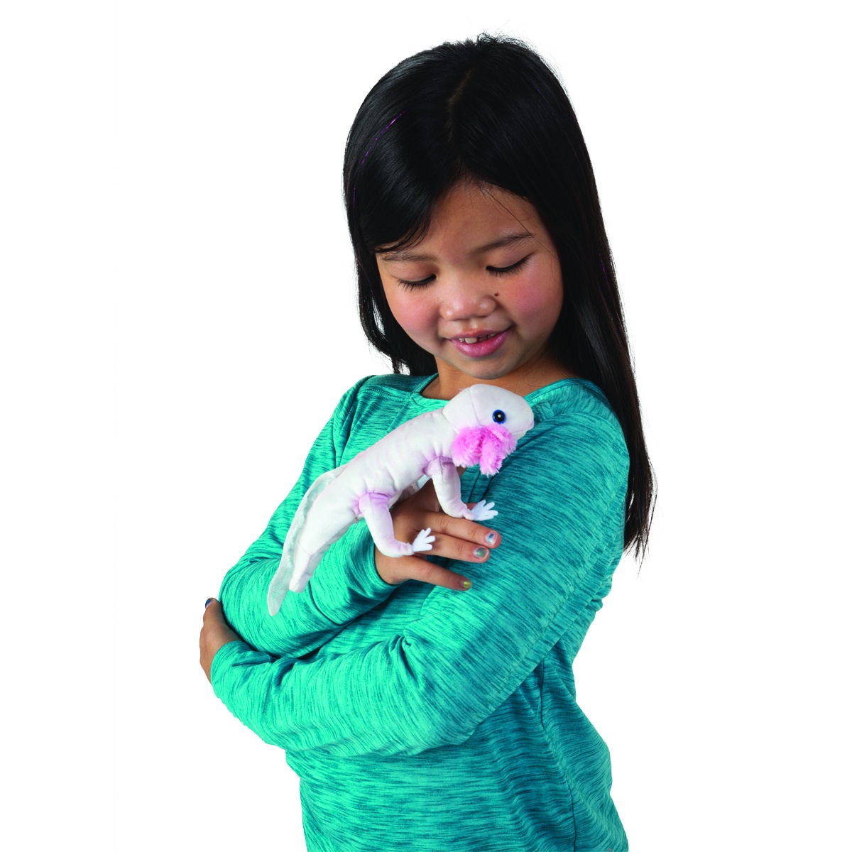 Girl holding a white Folkmanis axolotl finger puppet with pink gill tufts on her forearm