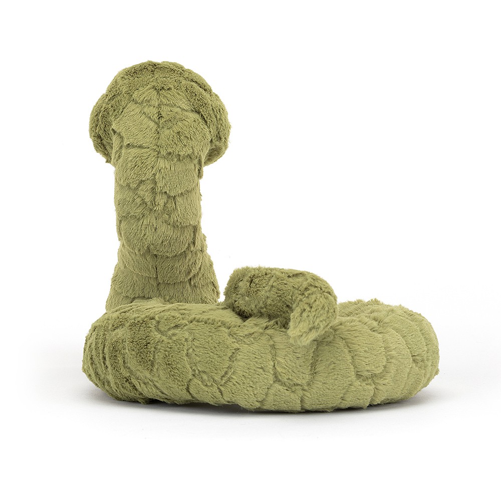 Jellycat plush toy snake Stevie Snake, back view of the raised head with a coiled body