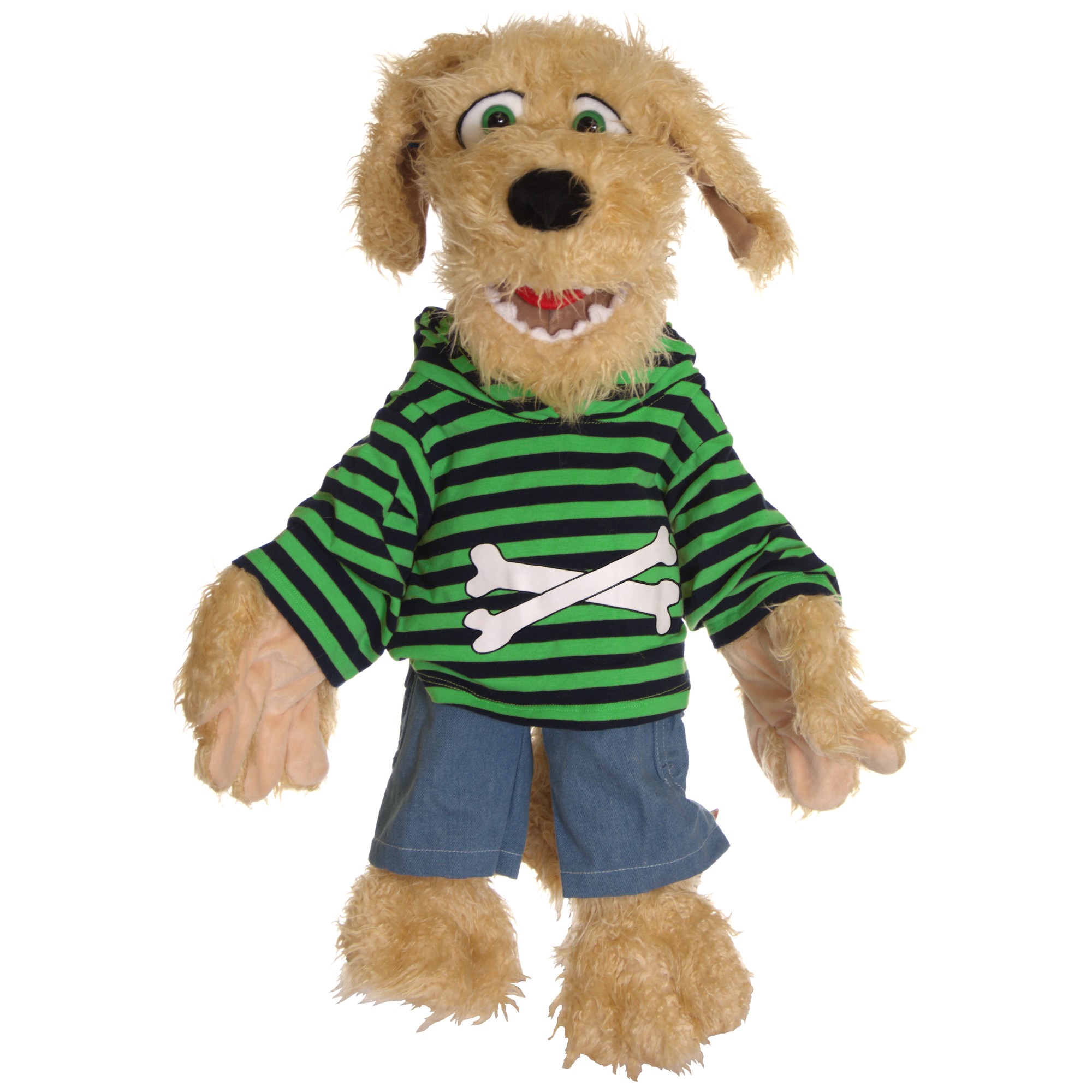 Living Puppets hand puppet Bosse the dog in a green striped shirt with bone motif and denim shorts