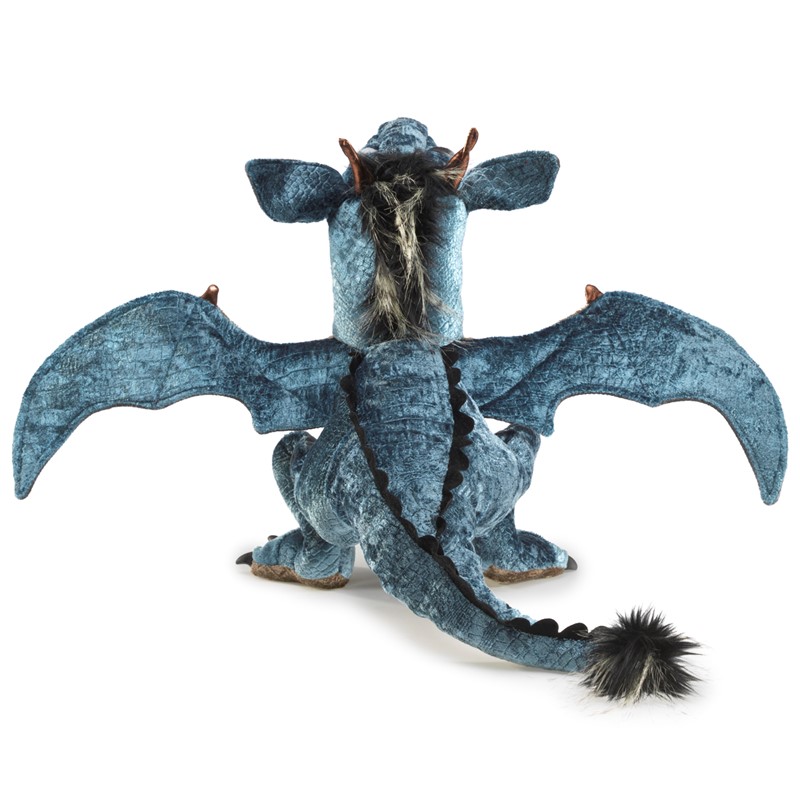 Folkmanis Sky Dragon hand puppet in blue-grey shown from behind, with spread wings, back spines and a grey-black tipped tail end