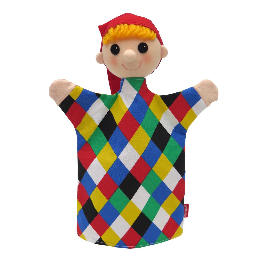 Punch and Judy puppet Punch by munabo with orange hair, red jester hat and colourful harlequin costume