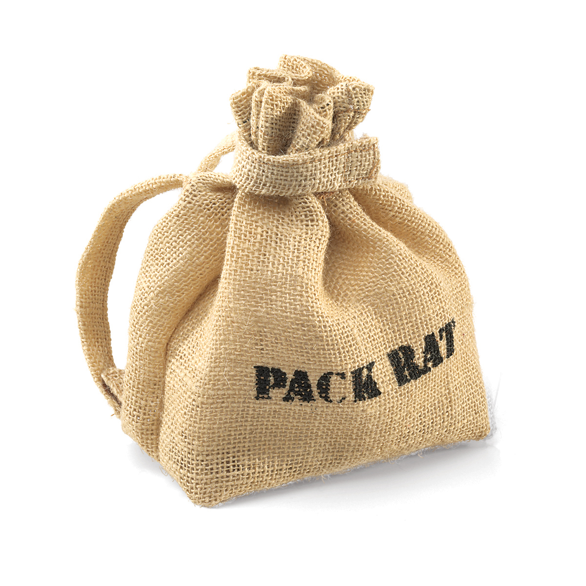 Folkmanis Pack Rat hand puppet styled as a small burlap drawstring bag with black PACK RAT lettering, shown at an angle