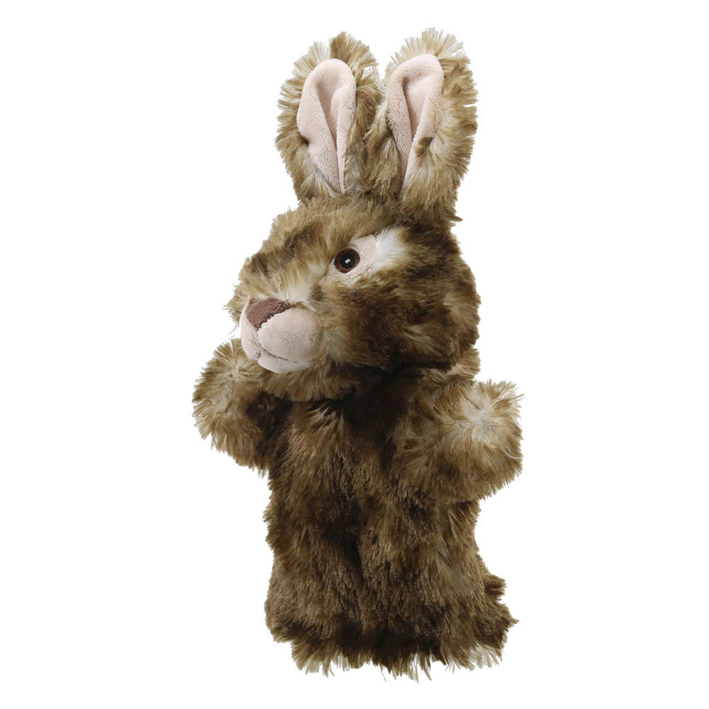 The Puppet Company baby hand puppet wild rabbit, brown mottled rabbit with a raised paw, front view