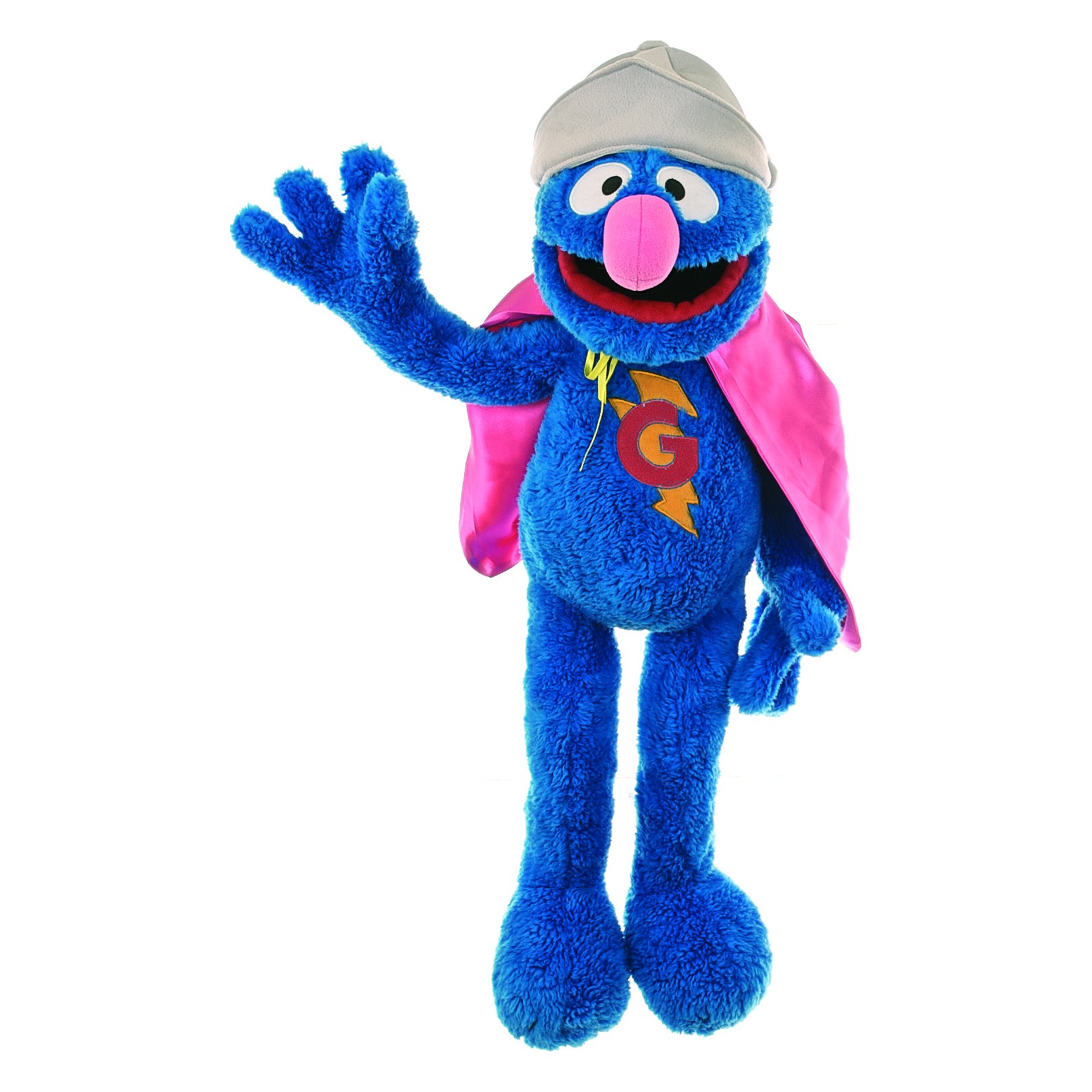 Living Puppets hand puppet Super Grover from Sesame Street with blue fur, a beige helmet and a pink cape with a G emblem, waving