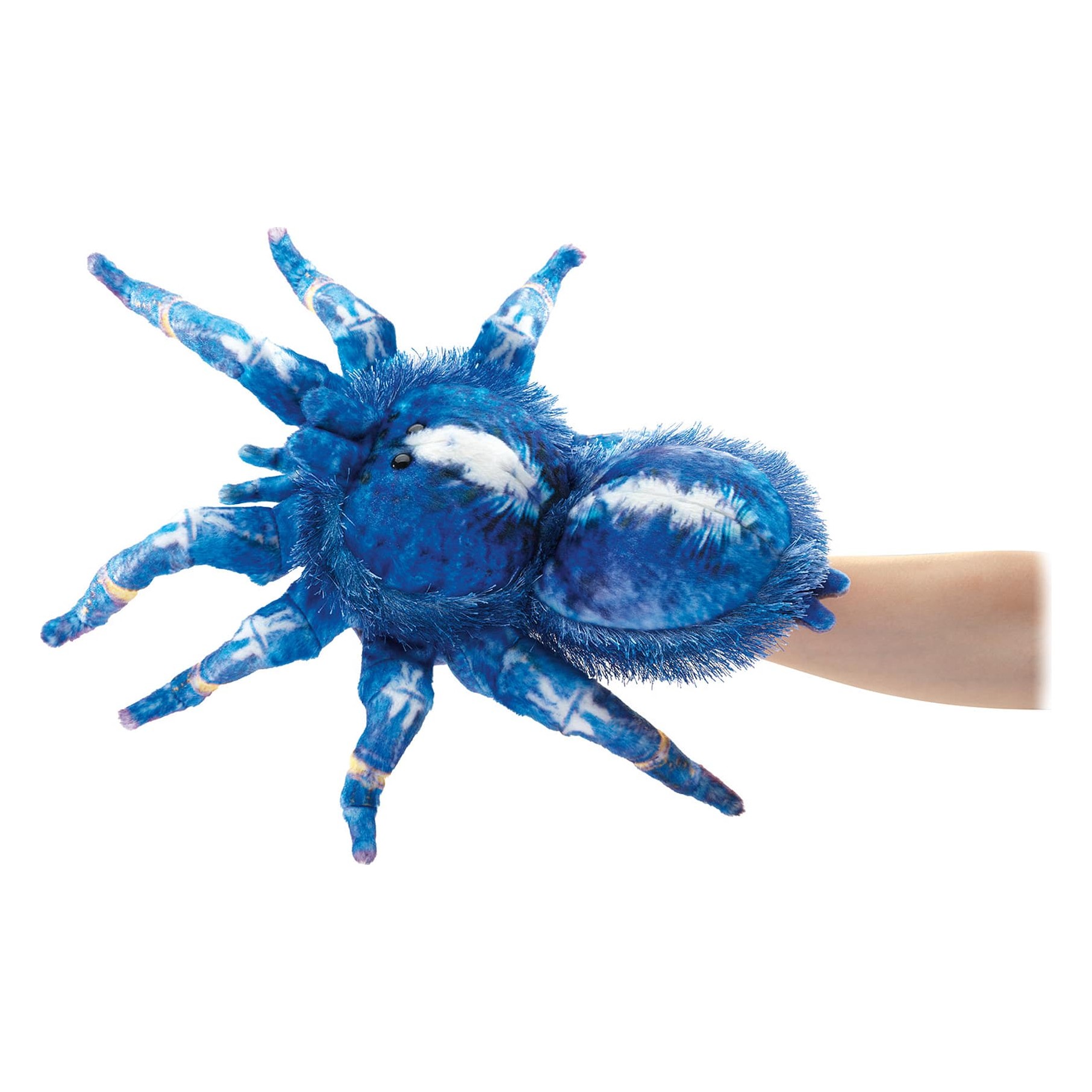 Folkmanis blue ornamental tarantula hand puppet worn on a hand, blue and white patterned plush with spread legs, top view
