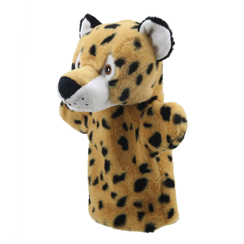 The Puppet Company baby hand puppet leopard, spotted puppet with white-tipped ears and an outstretched paw