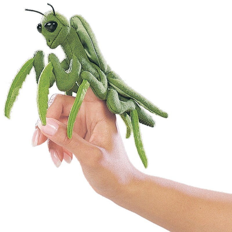 Folkmanis mini praying mantis finger puppet in green on a finger, with black eyes and typical prey-catching pose