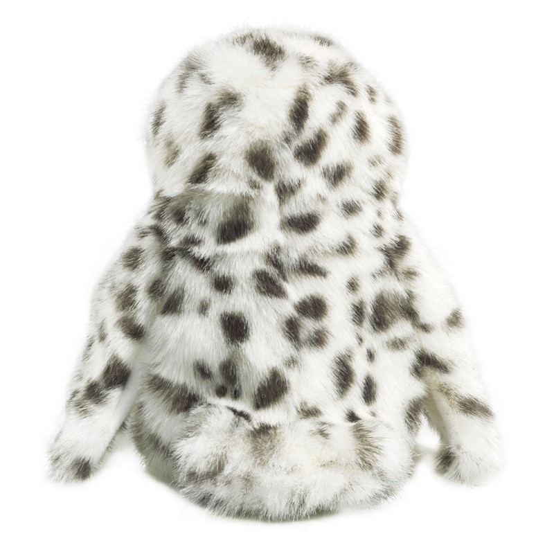Folkmanis small snowy owl hand puppet seen from behind, white plush feathers with grey-brown spots, sitting pose