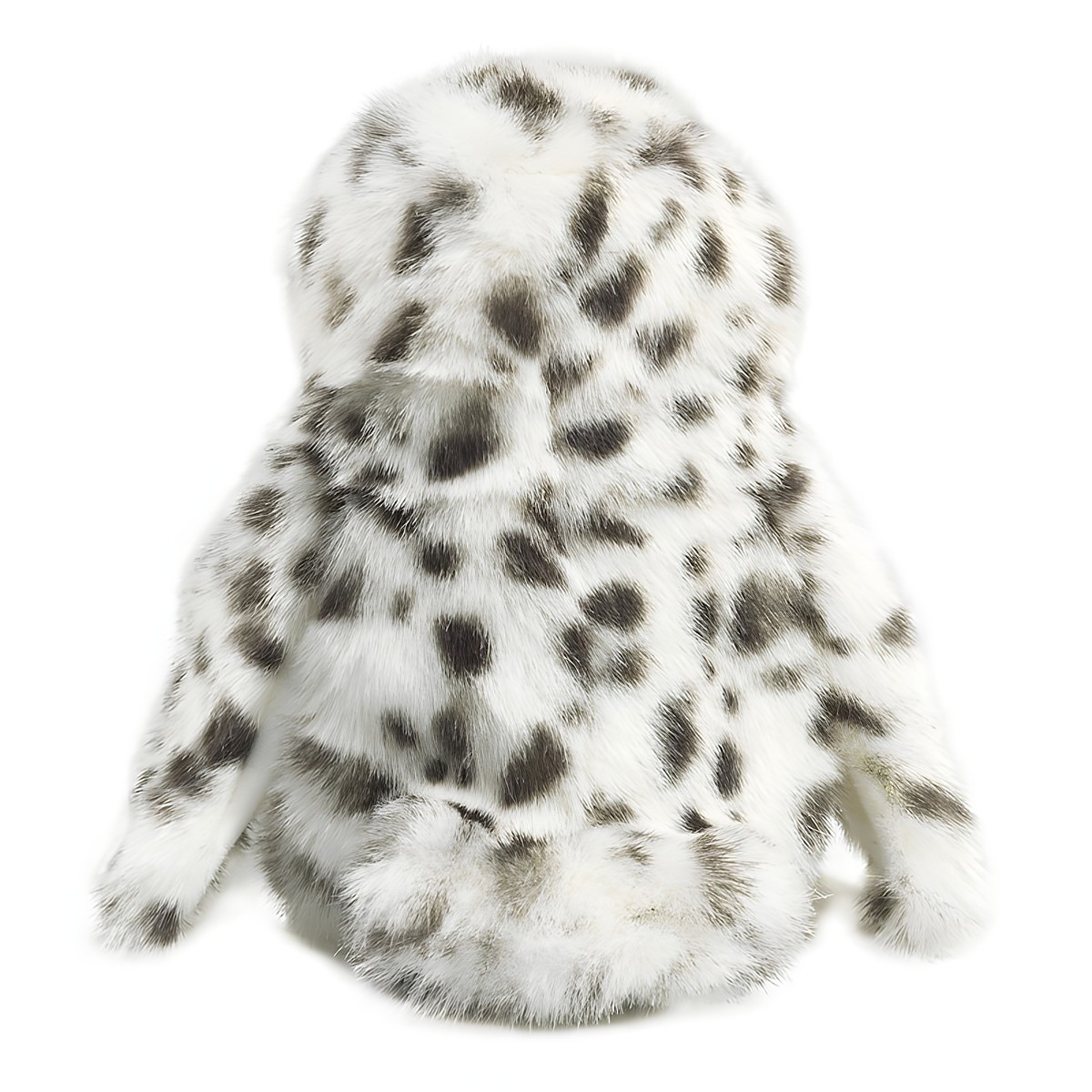 Folkmanis small snowy owl hand puppet seen from behind, white plush feathers with grey-brown spots, sitting pose