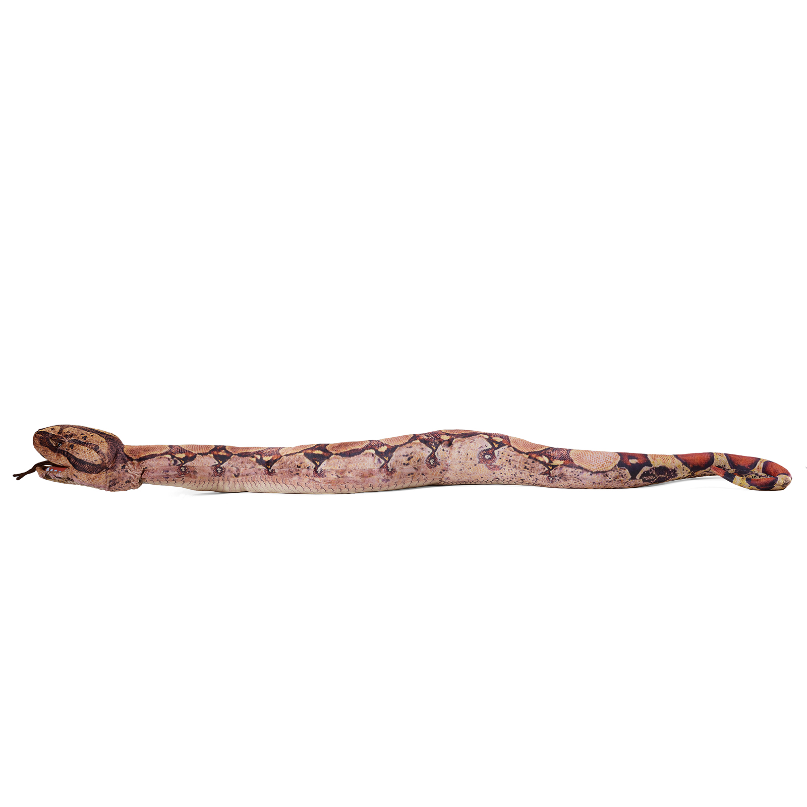 Folkmanis boa constrictor hand puppet stretched out straight at full length, its head with mouth slightly open on the left.