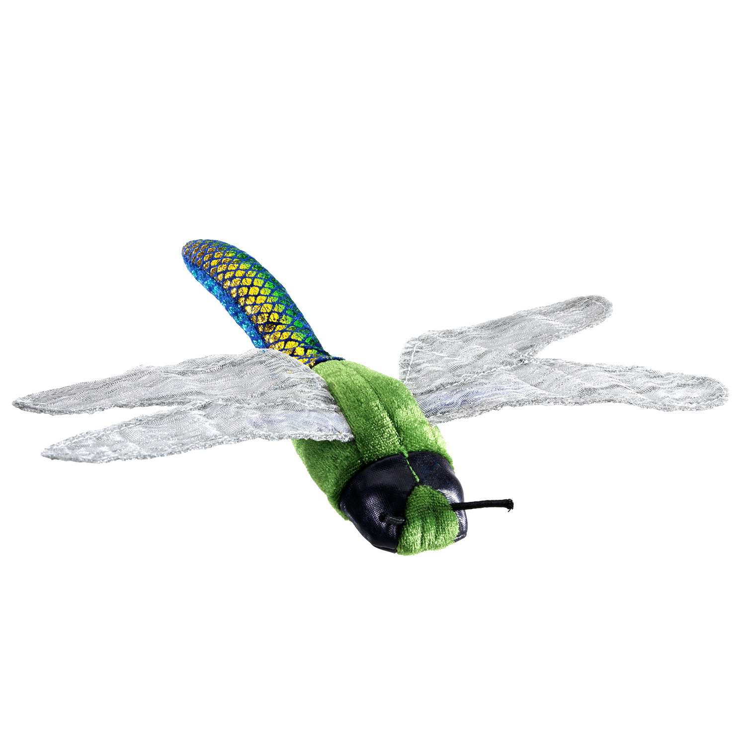 Folkmanis mini dragonfly finger puppet with a green plush body, blue and yellow glitter abdomen, and silver mesh wings