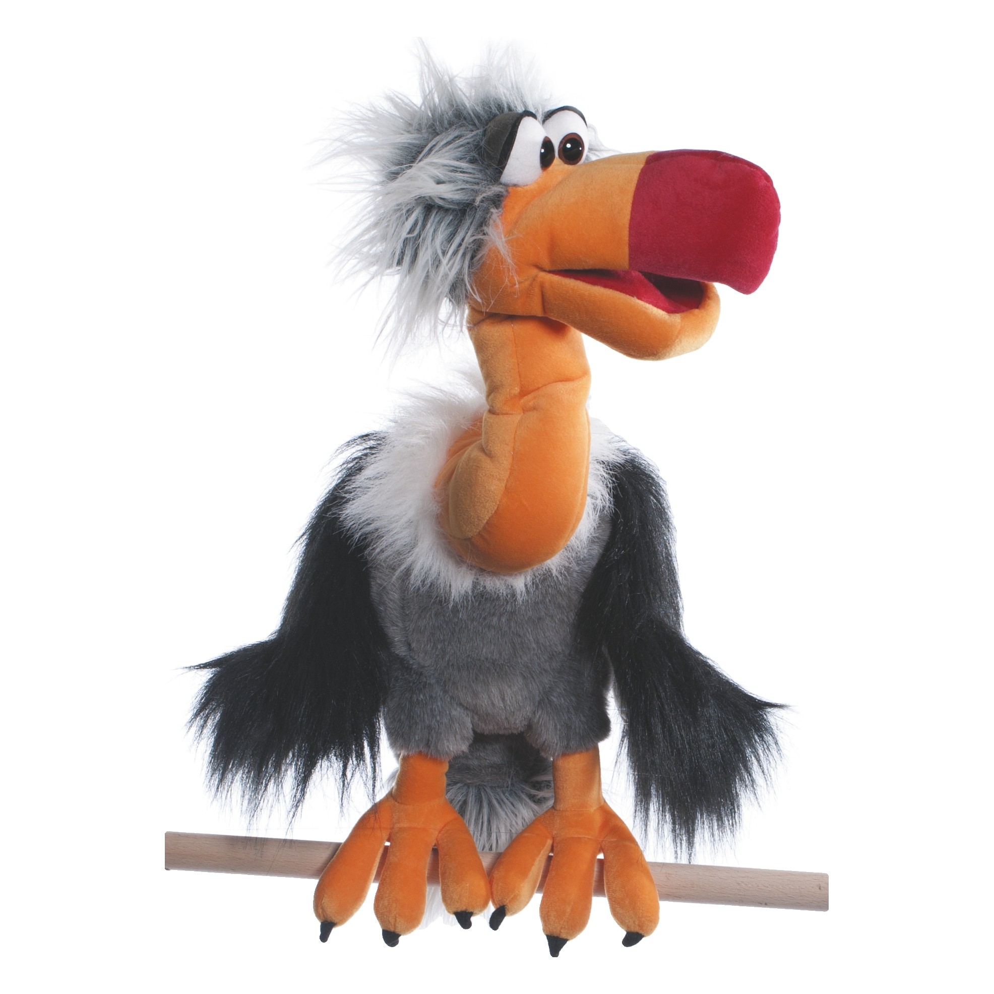 Living Puppets hand puppet Django the vulture with grey feather collar and big red beak on a perch
