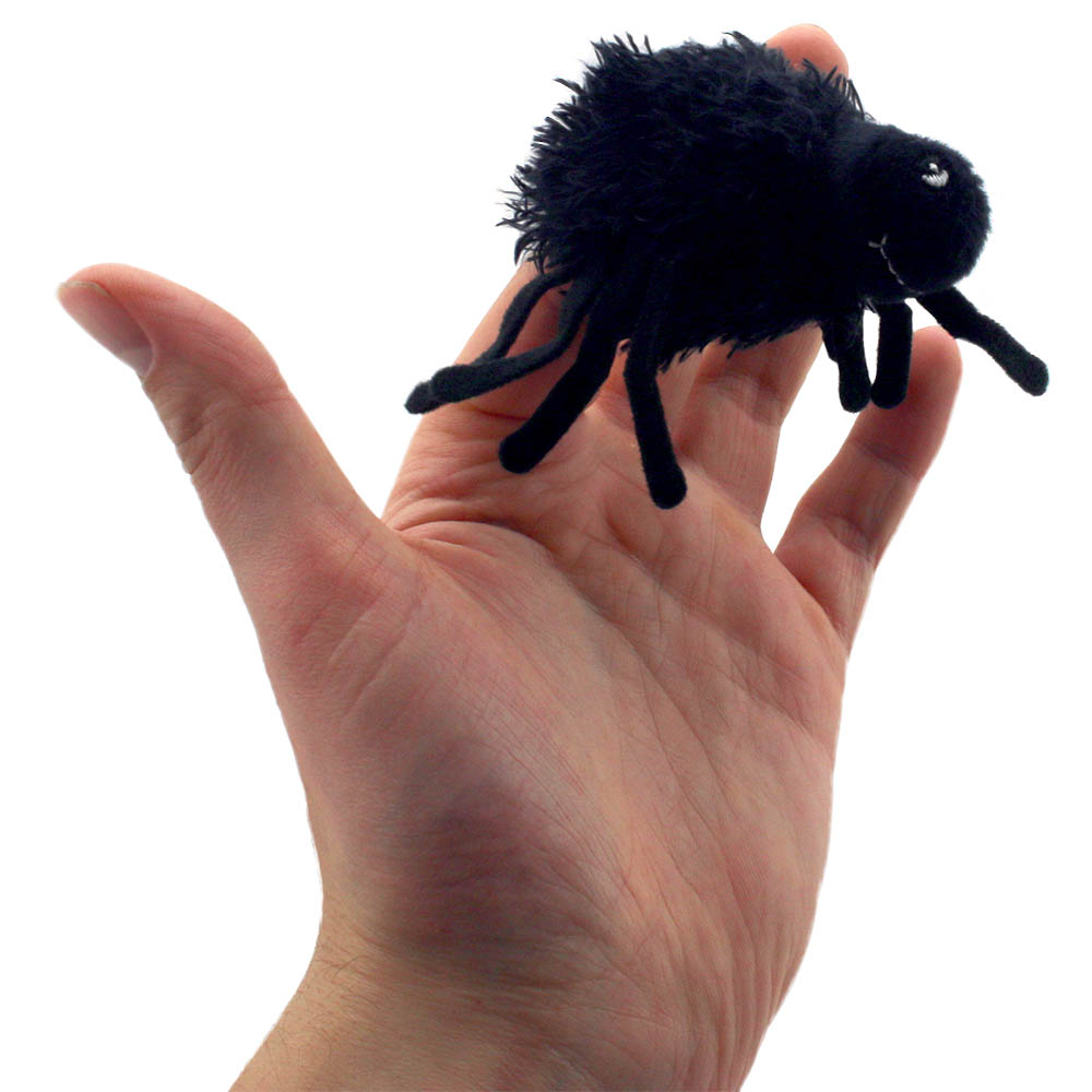The Puppet Company finger puppet furry spider on a hand, black shaggy finger puppet, usage example