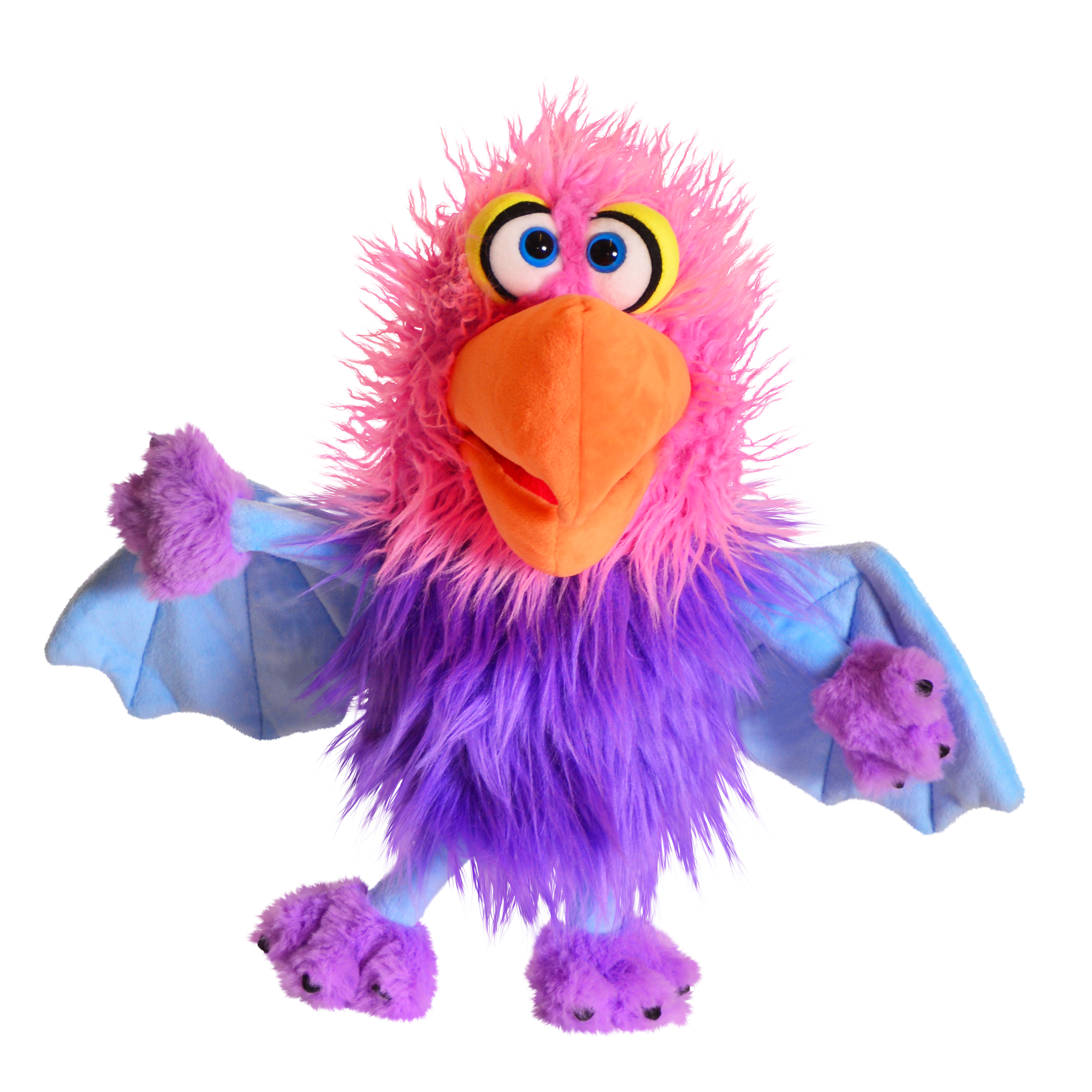 Living Puppets hand puppet Schnäck from the Monster to go series, pink and purple bird with an orange beak and light blue wings, front view