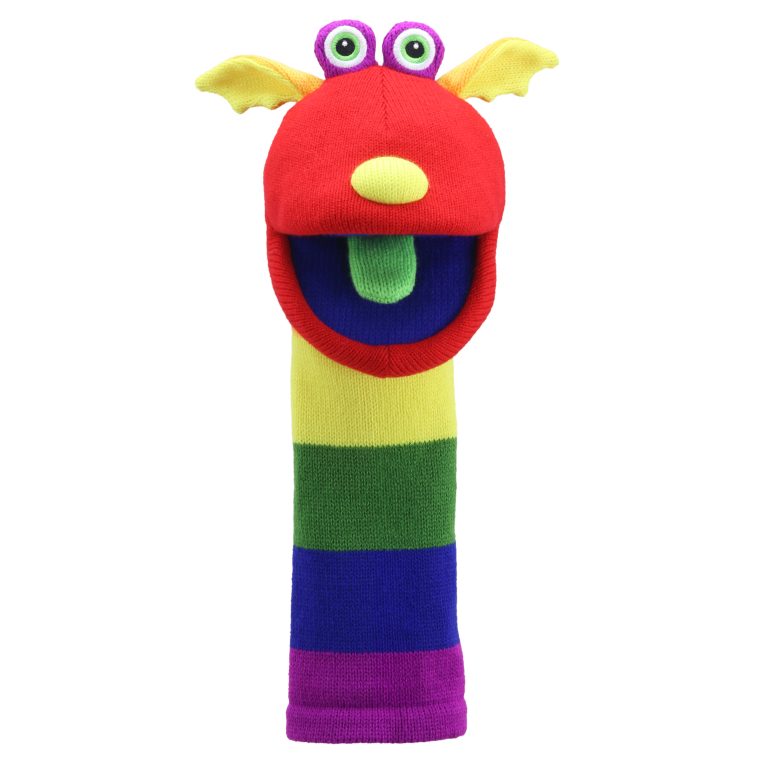 The Puppet Company sock puppet Sunny, red monster with yellow horns and a rainbow-striped body