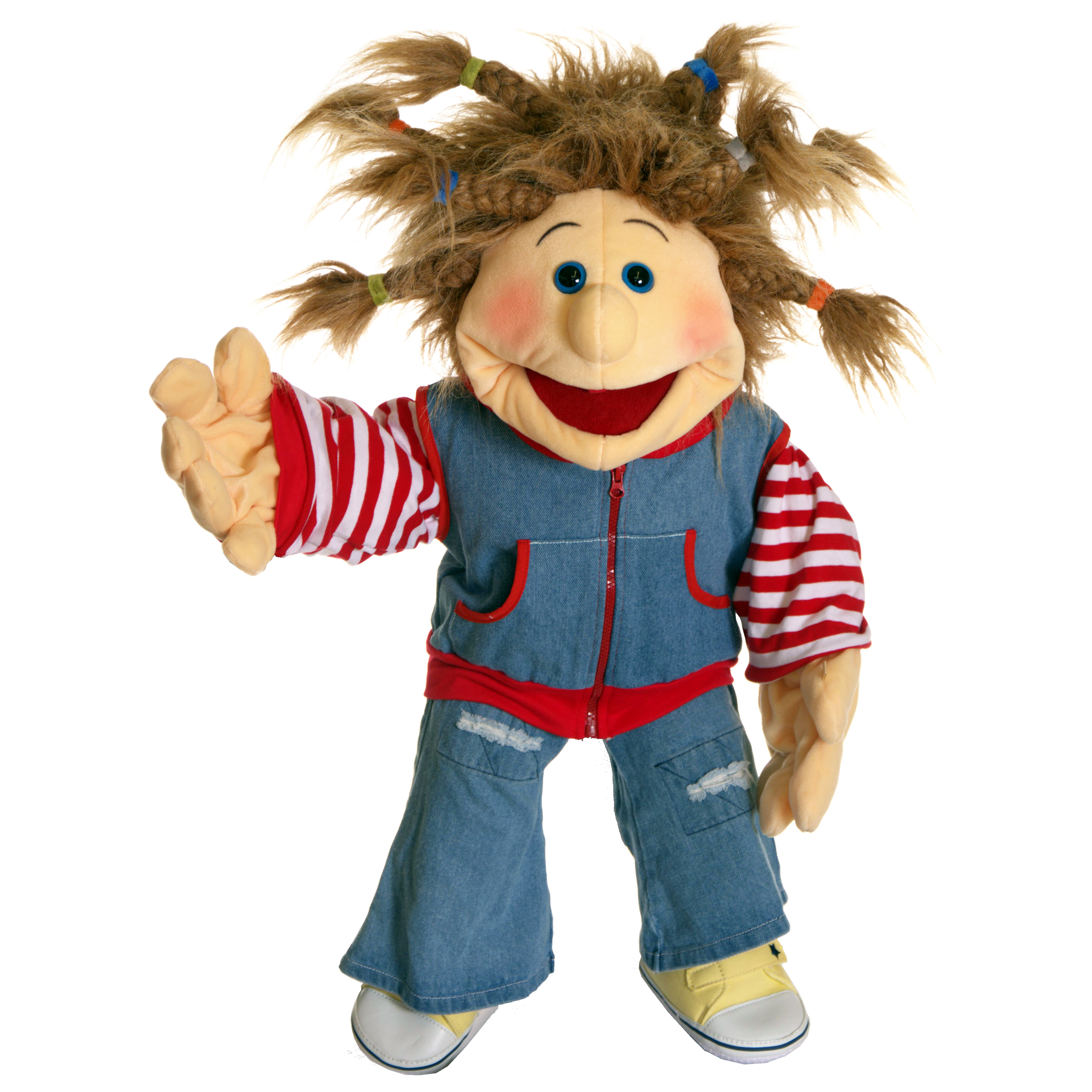 Living Puppets hand puppet Ronja with tousled hair and colourful hair ties, denim vest over a red and white striped shirt and jeans, waving