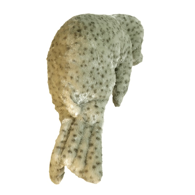 Folkmanis hand puppet baby harbour seal in light grey with dark spots, top-down view of the back