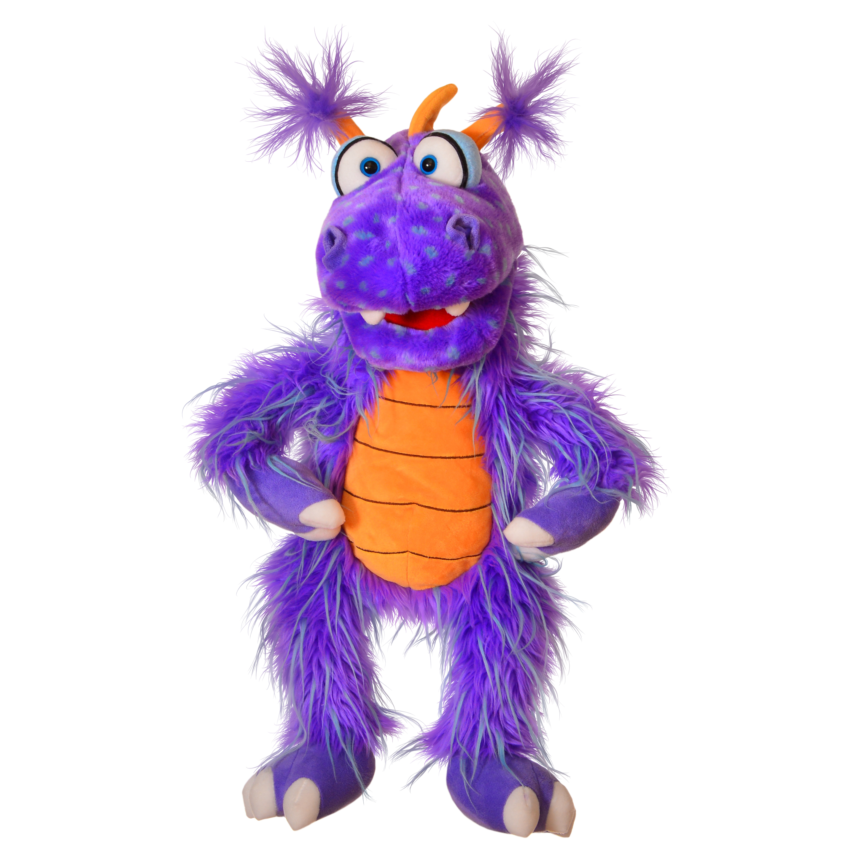 Living Puppets Ratschepü the Dragon hand puppet standing front-on with hands on its hips, orange belly panel and long shaggy fur