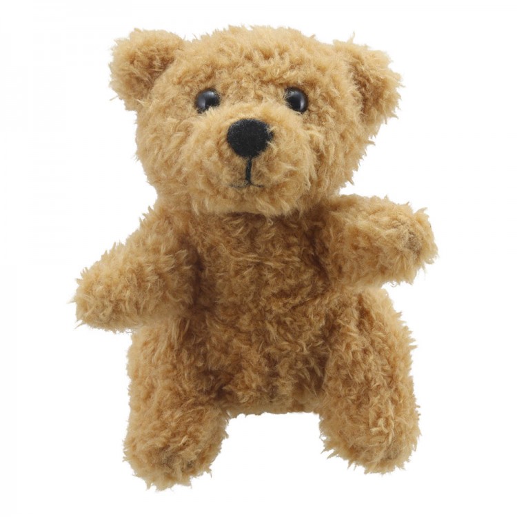 The Puppet Company finger puppet teddy bear, light brown bear with shaggy fur and a black nose