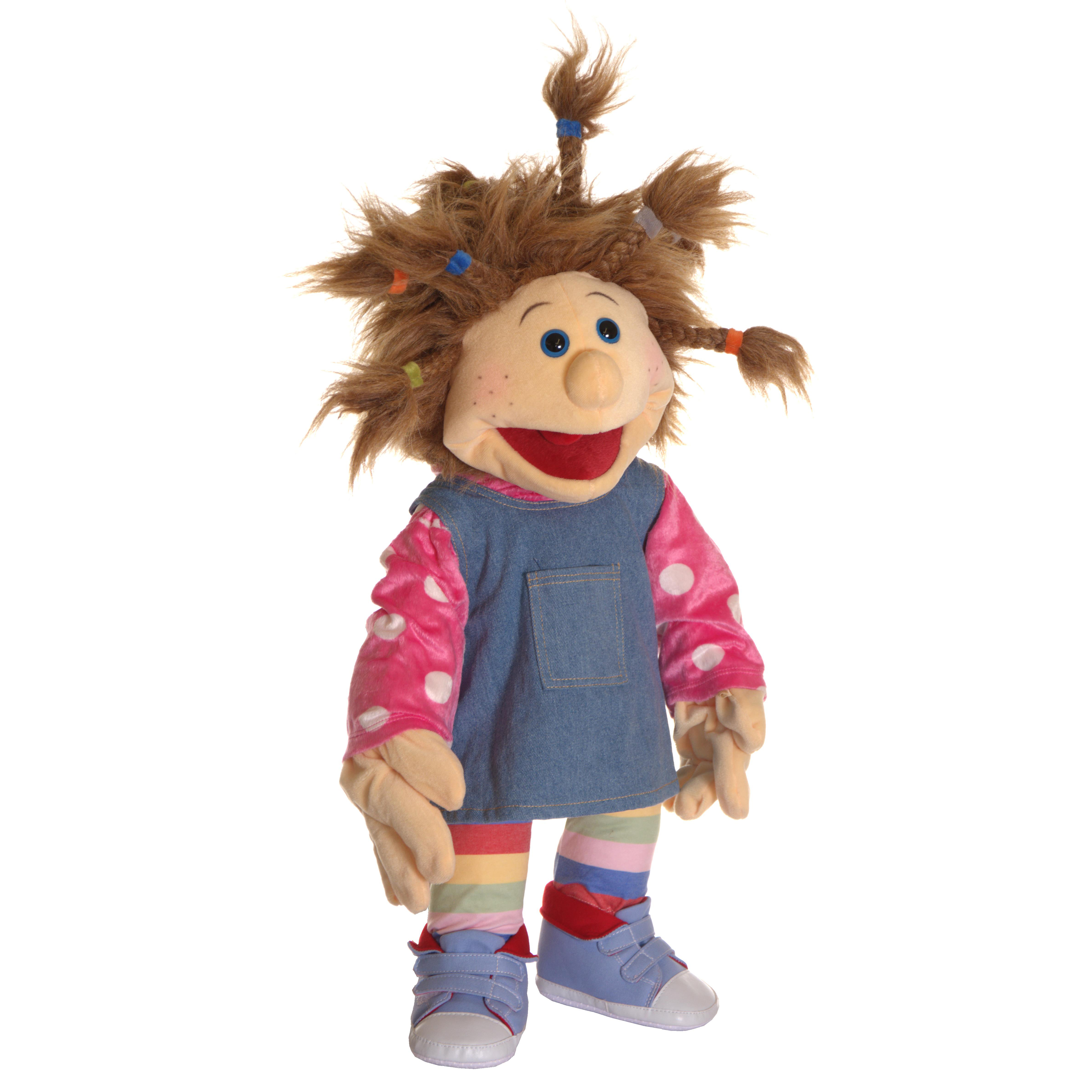 Living Puppets hand puppet Ilselotte Keksberg frontal with denim dress and dotted sleeves