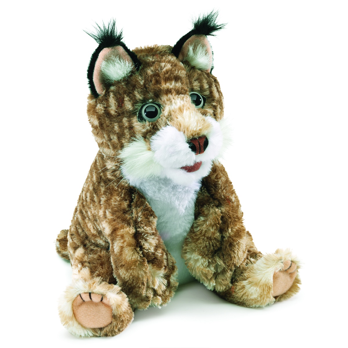 Folkmanis bobcat kitten hand puppet seated, brown-striped fur, black ear tufts, movable mouth, front view