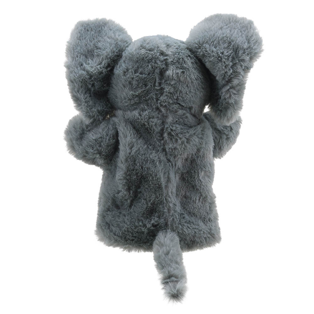 The Puppet Company hand puppet elephant, back view with large ears and the tail hanging down