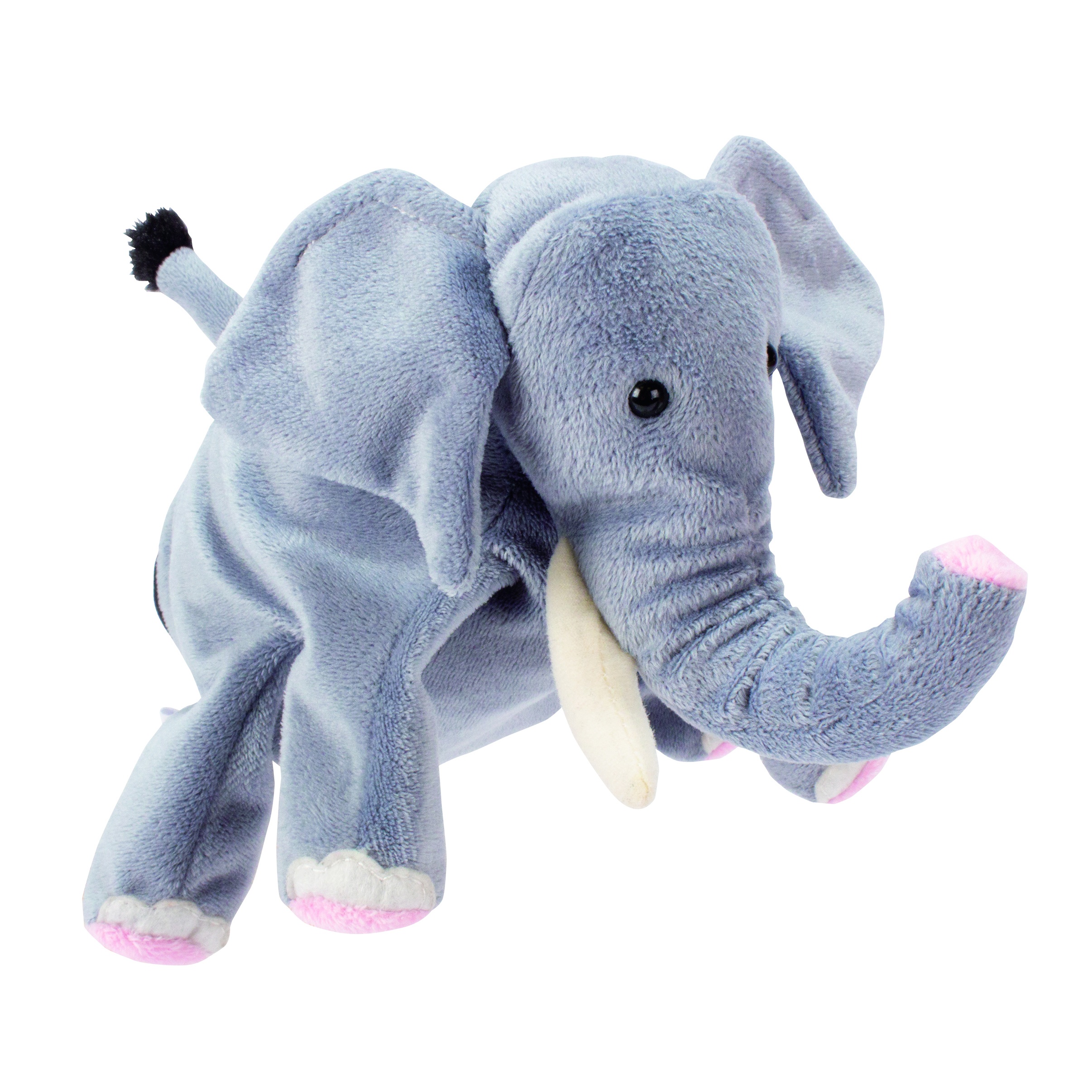 Beleduc hand puppet elephant with grey fur, big ears and pink toe tips