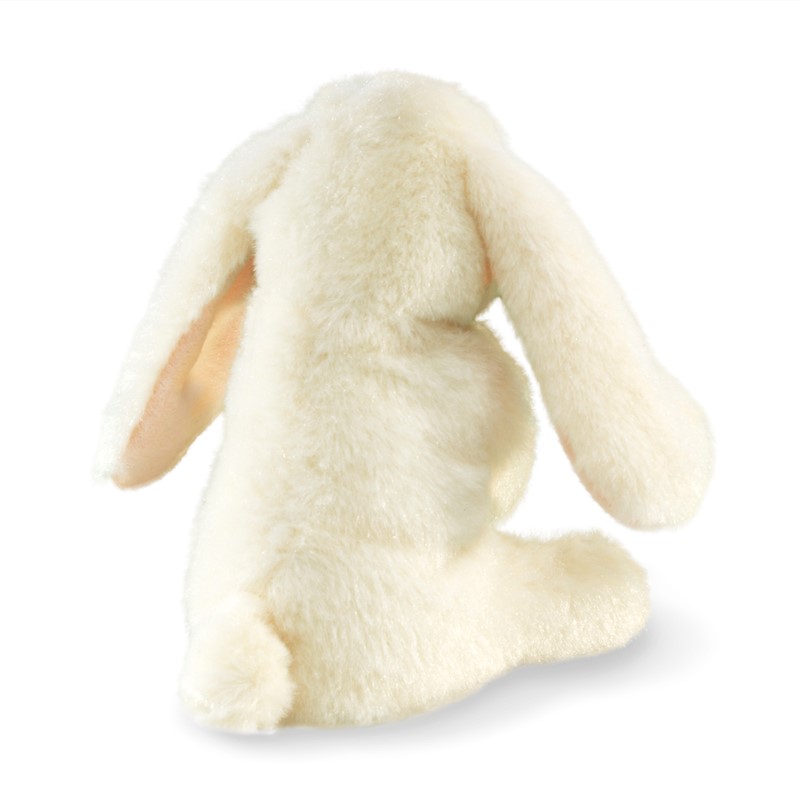 Folkmanis mini lop-ear rabbit finger puppet in cream white, rear view showing long drooping ears
