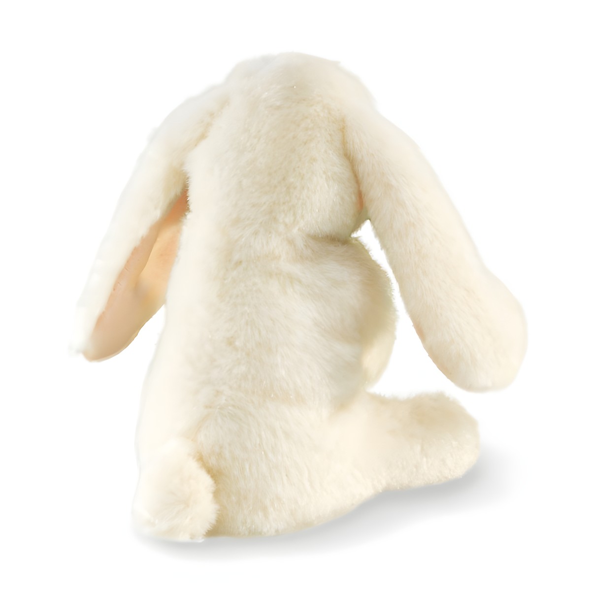 Folkmanis mini lop-ear rabbit finger puppet in cream white, rear view showing long drooping ears