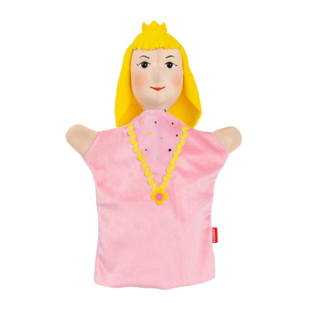 Princess hand puppet by munabo, front view in a pink dress with yellow zigzag trim and a gold pendant.