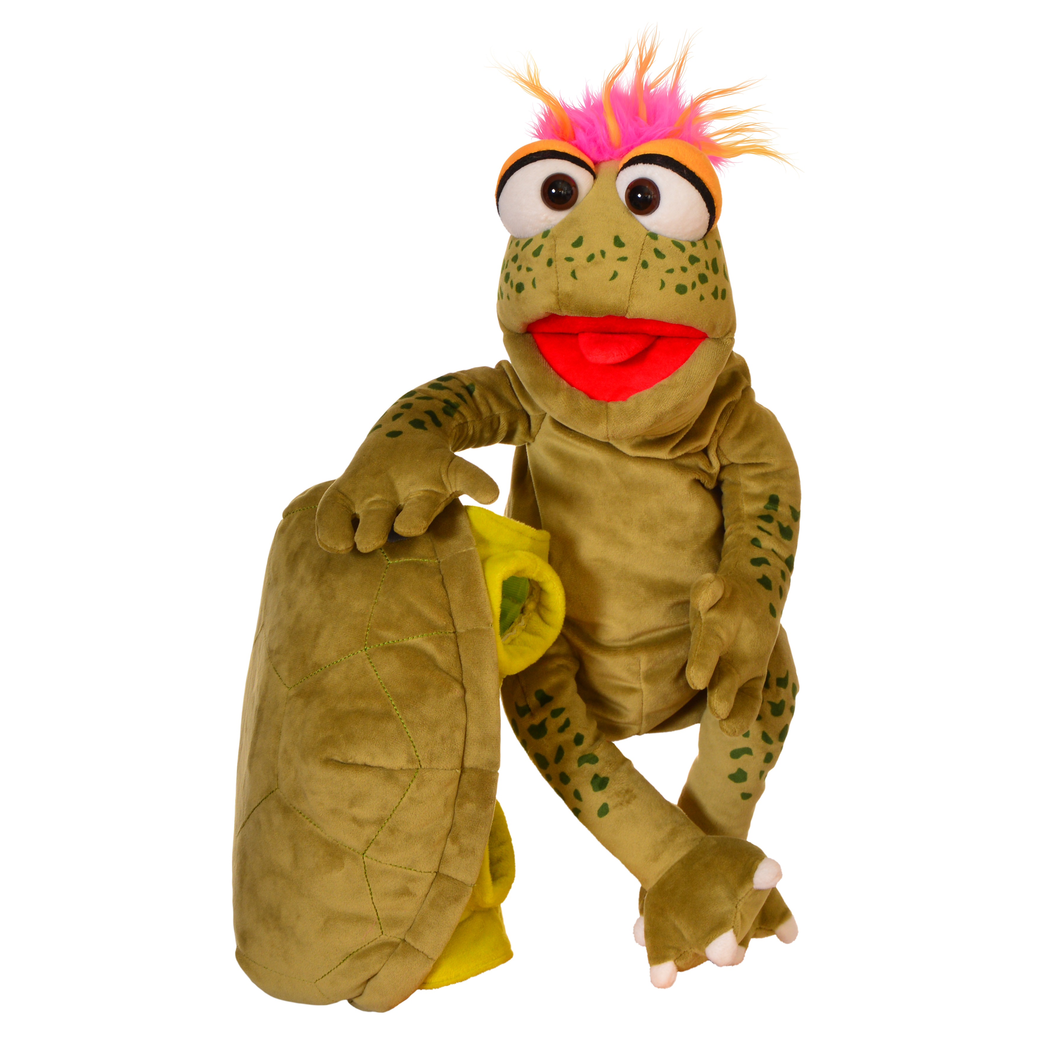 Living Puppets hand puppet Slow Moe the turtle holding its removable shell next to it, sitting