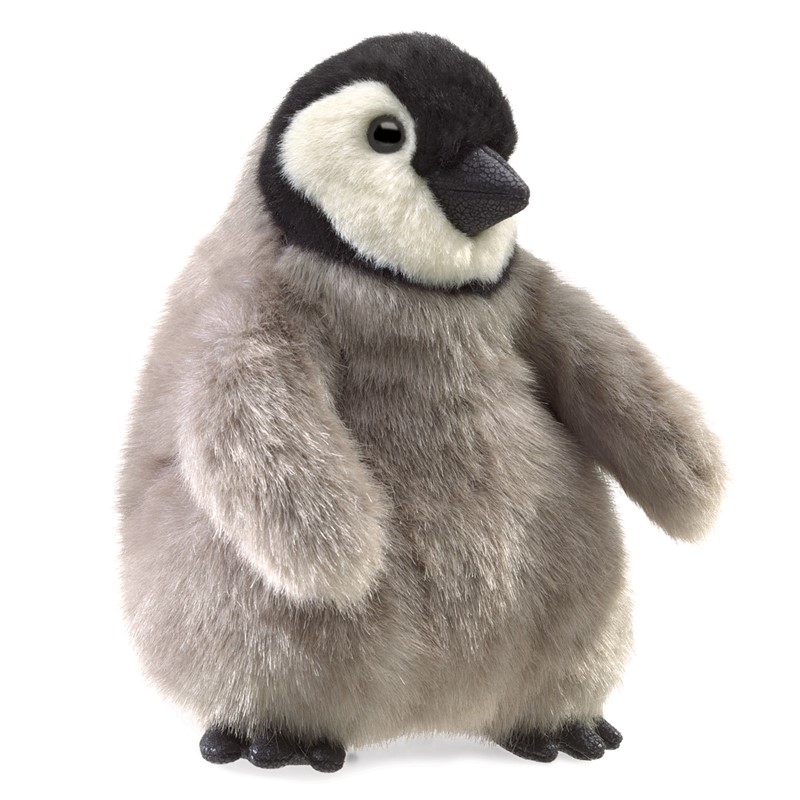 Folkmanis baby emperor penguin hand puppet with grey plush down, black head cap and cream-coloured face, angled view